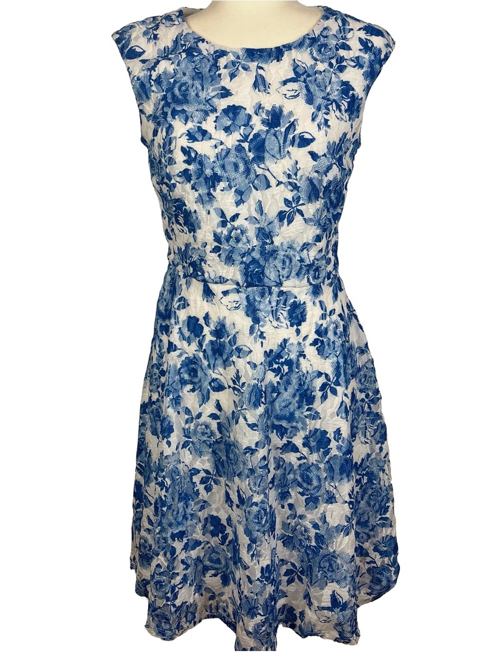 Leslie Fay Women's Fit & Flare Floral Blue/White Sleeveless Midi Dress Size 8